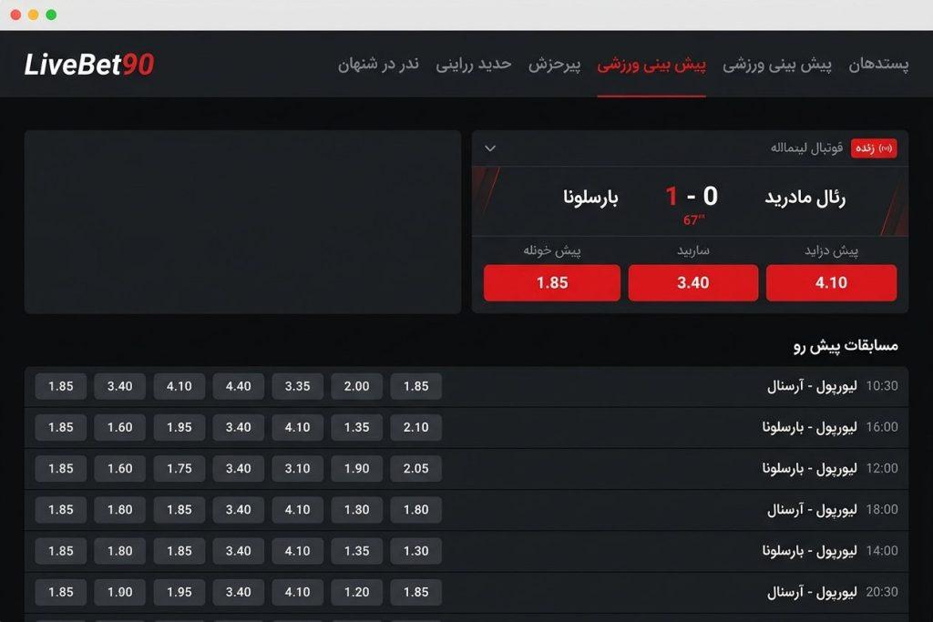 صفحه پیش‌بینی فوتبال سایت لایو بت با ضرایب اعشاری مسابقات زنده