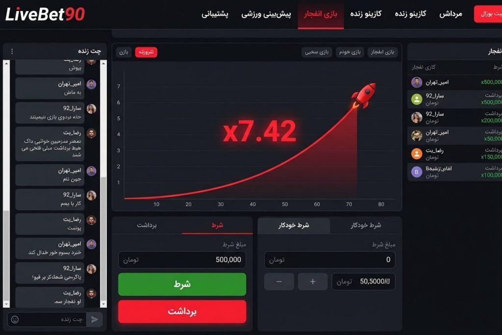 بازی انفجار لایو بت با نمودار ضریب صعودی و دکمه برداشت