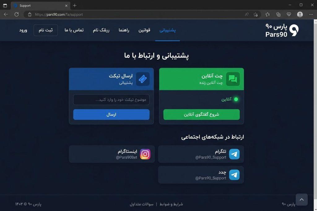صفحه پشتیبانی پارس 90 با چت آنلاین و ارسال تیکت