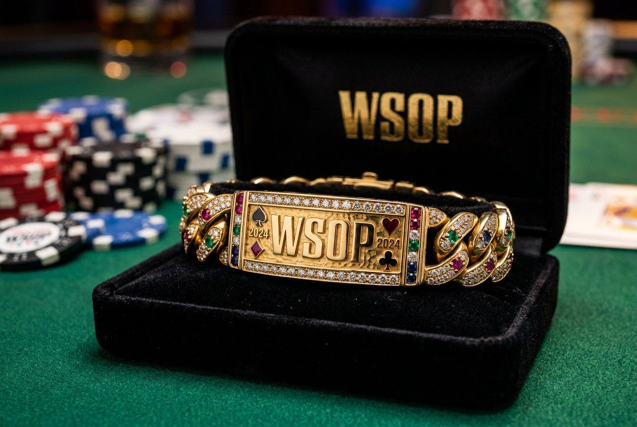 مسابقات جهانی پوکر (WSOP) چیست؟ تاریخچه، قوانین و قهرمانان ۲۰۲۶ 5 دستبند طلای WSOP؛ نماد قهرمانی مسابقات جهانی پوکر در جعبه مخملی