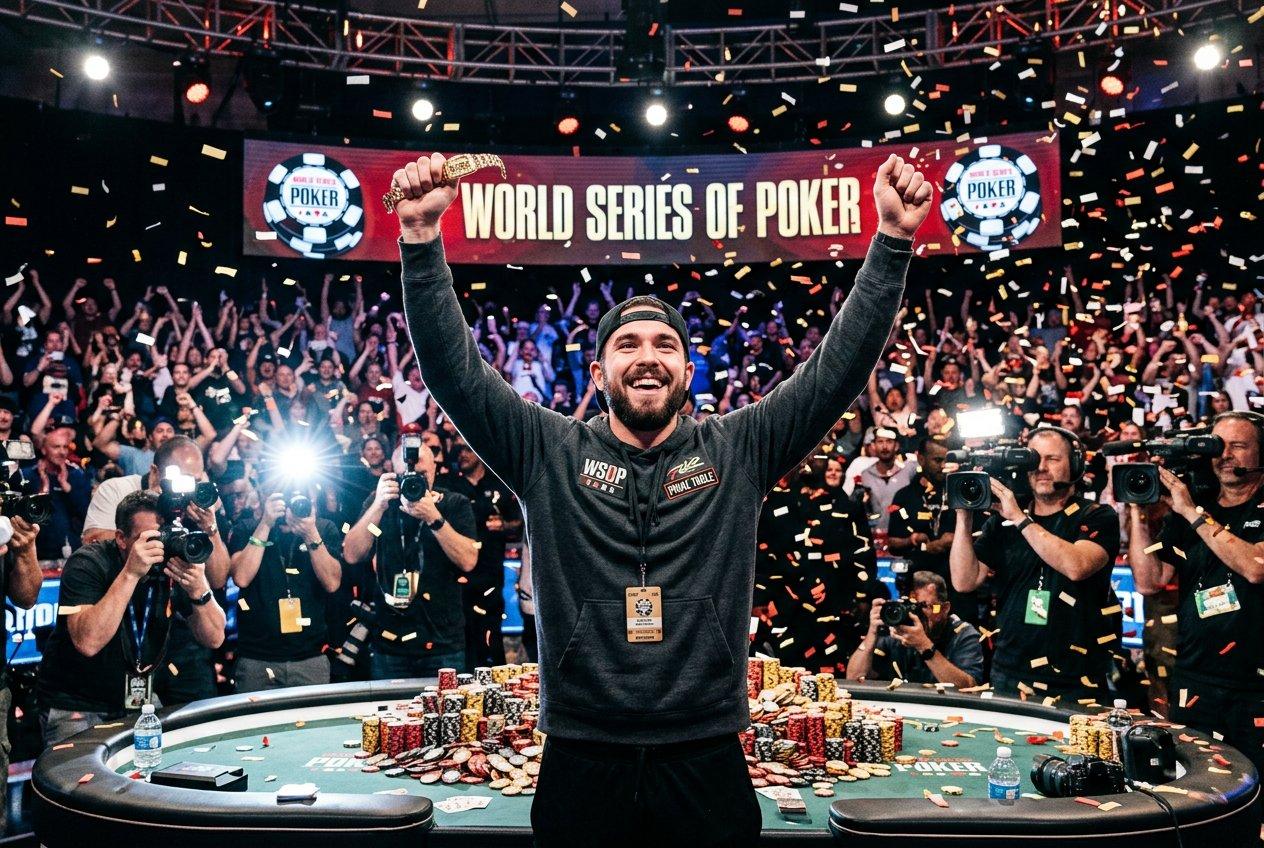 مسابقات جهانی پوکر (WSOP) چیست؟ تاریخچه، قوانین و قهرمانان ۲۰۲۶ 4 بازیکن قهرمان مسابقات جهانی پوکر در حال بالا بردن دستبند طلای WSOP در جشن قهرمانی