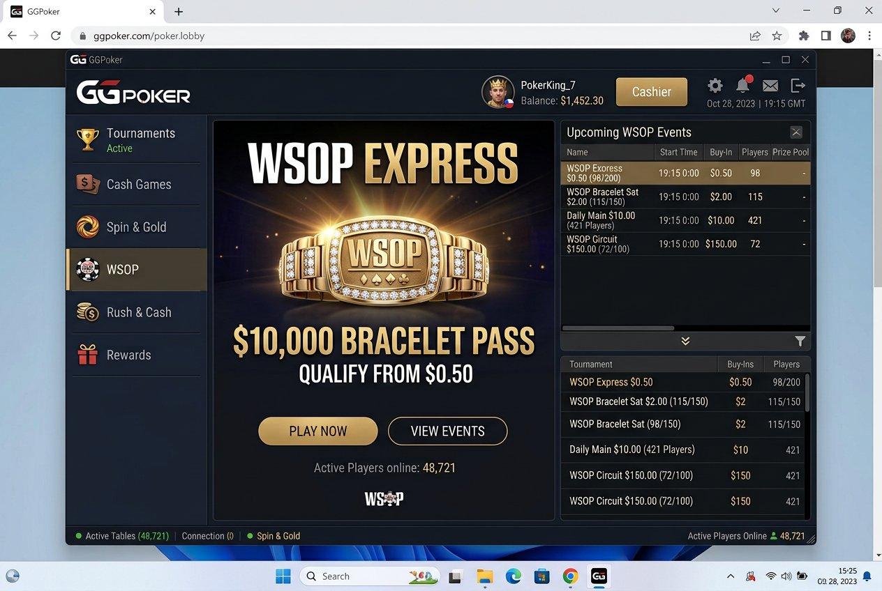 مسابقات جهانی پوکر (WSOP) چیست؟ تاریخچه، قوانین و قهرمانان ۲۰۲۶ 8 اسکرینشات لابی GGPoker و بخش WSOP Express برای گرفتن پاس 10000 دلاری مین اونت