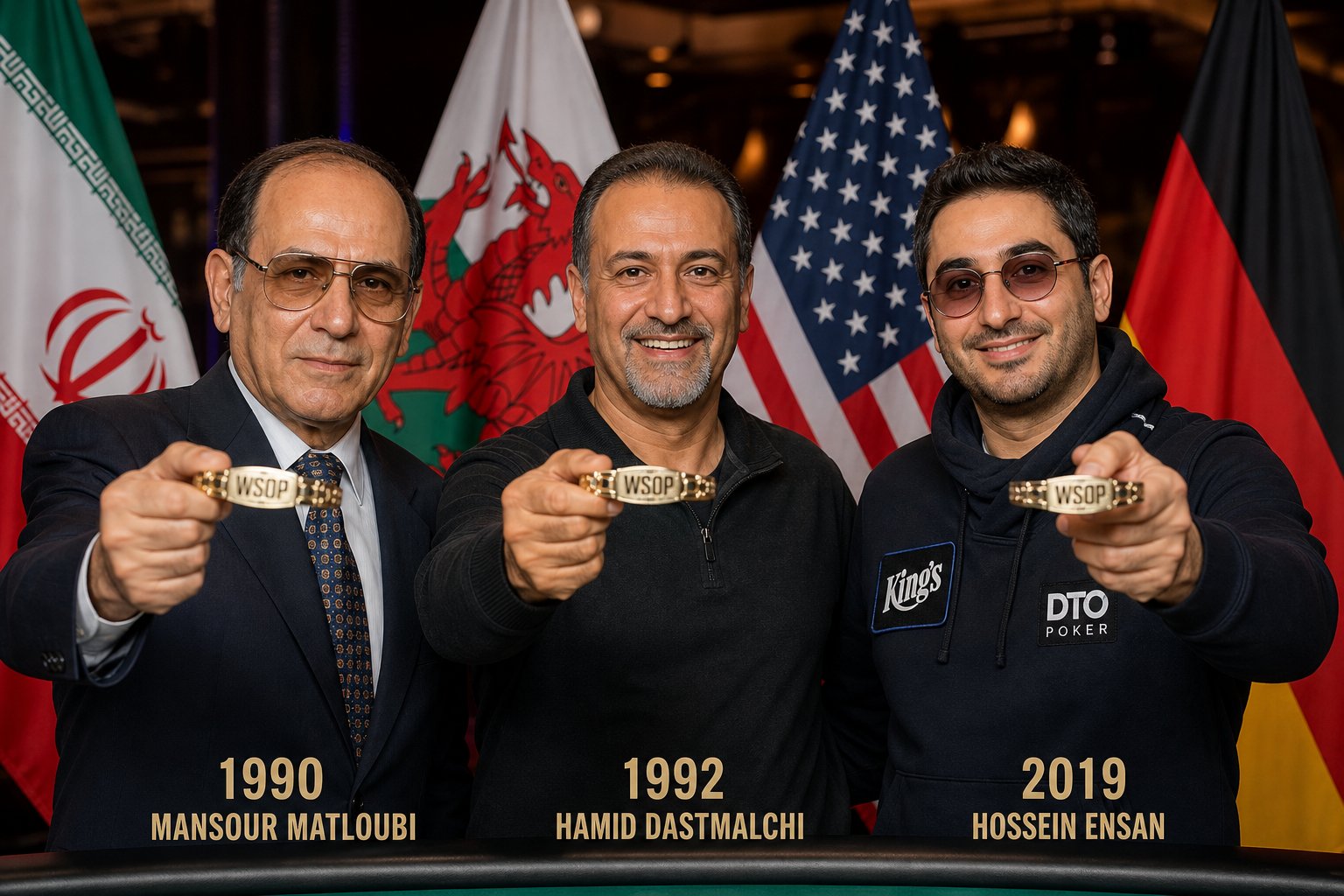 سه قهرمان ایرانی WSOP منصور مطلوبی حمید دستمالچی حسین انسان با دستبند طلا