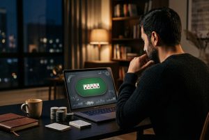 ربات پوکر؛ بازیکن بزرگسال در حال بررسی بازی آنلاین کنار لپ‌تاپ و کارت‌های پوکر