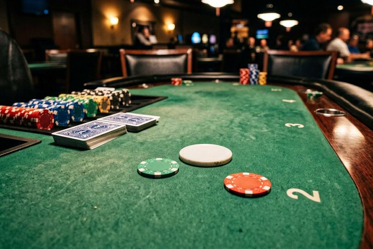 نمای نزدیک میز پوکر با ژتونهای بلایند و دیلر باتن روی فرش سبز