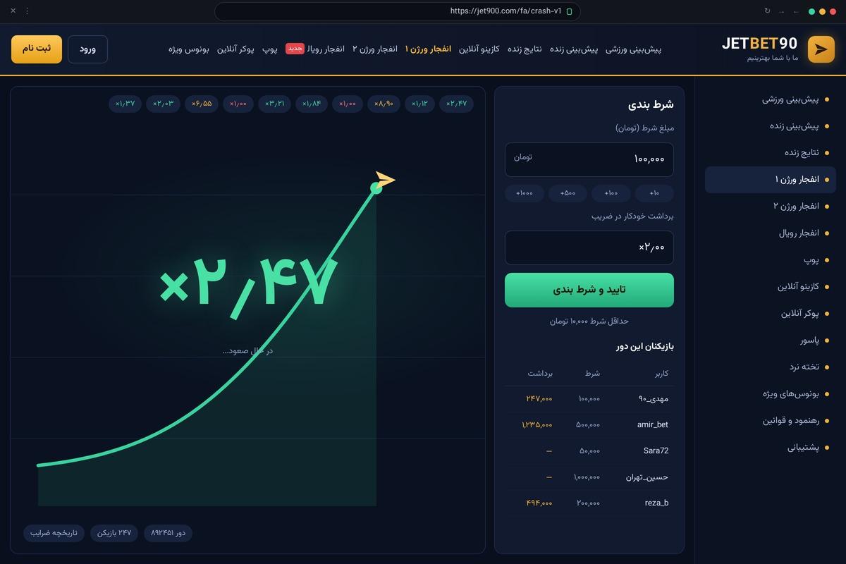 صفحه بازی انفجار جت بت؛ نمودار صعودی با ضریب ۲.۴۷ و پنل شرط بندی و تاریخچه ضرایب