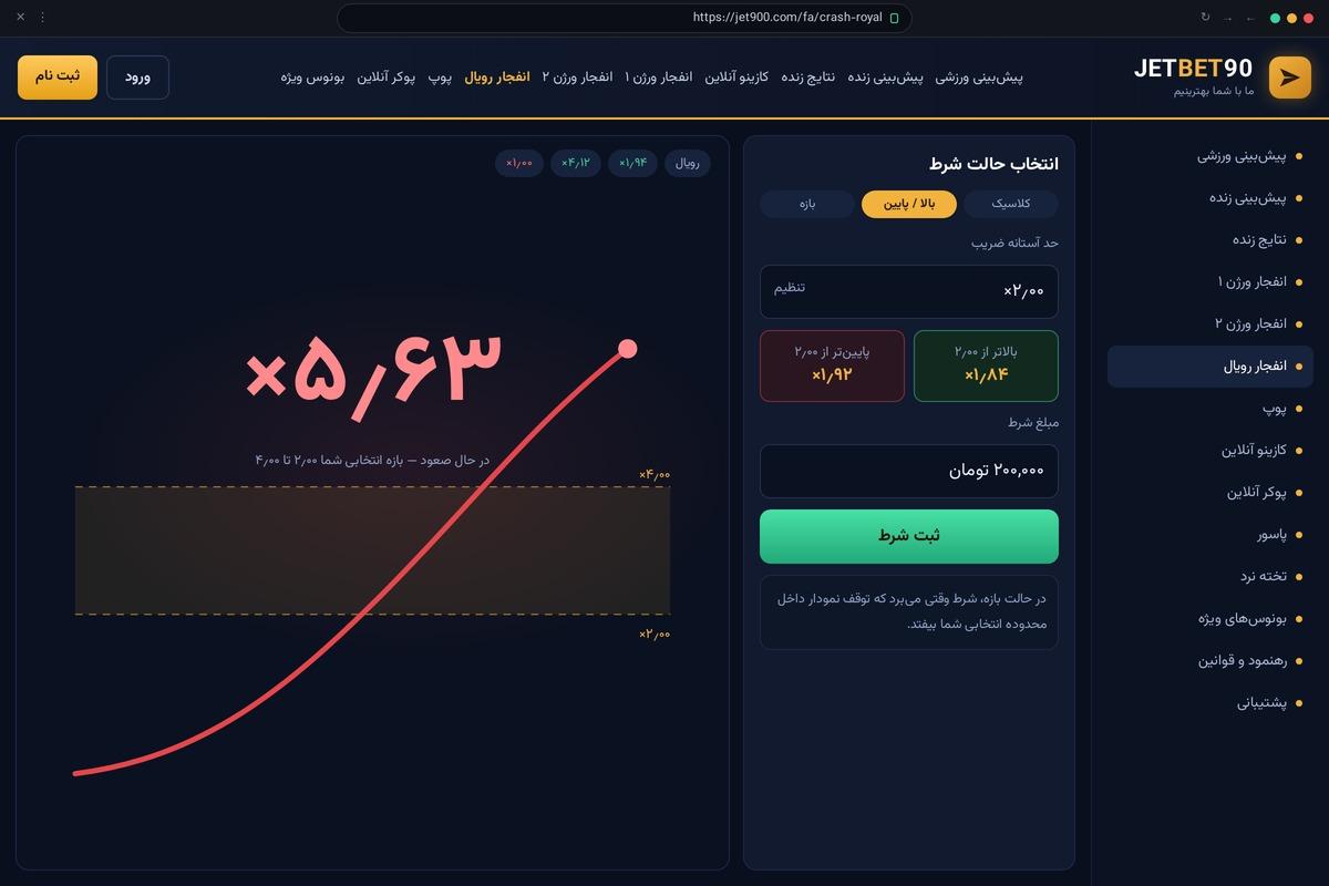 انفجار رویال جت بت؛ سه حالت شرط کلاسیک، بالا و پایین و بازه با نمودار ضریب
